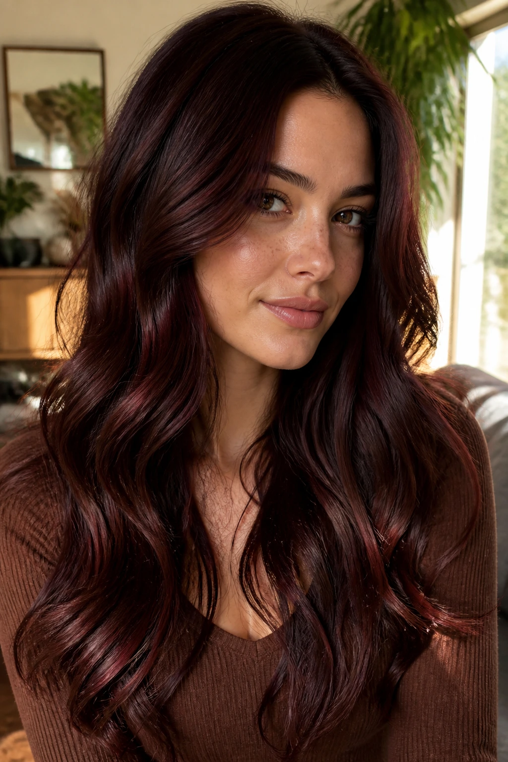 Close-up portrait of a real woman with Cherry Cola Brunette hair and red-violet undertones.