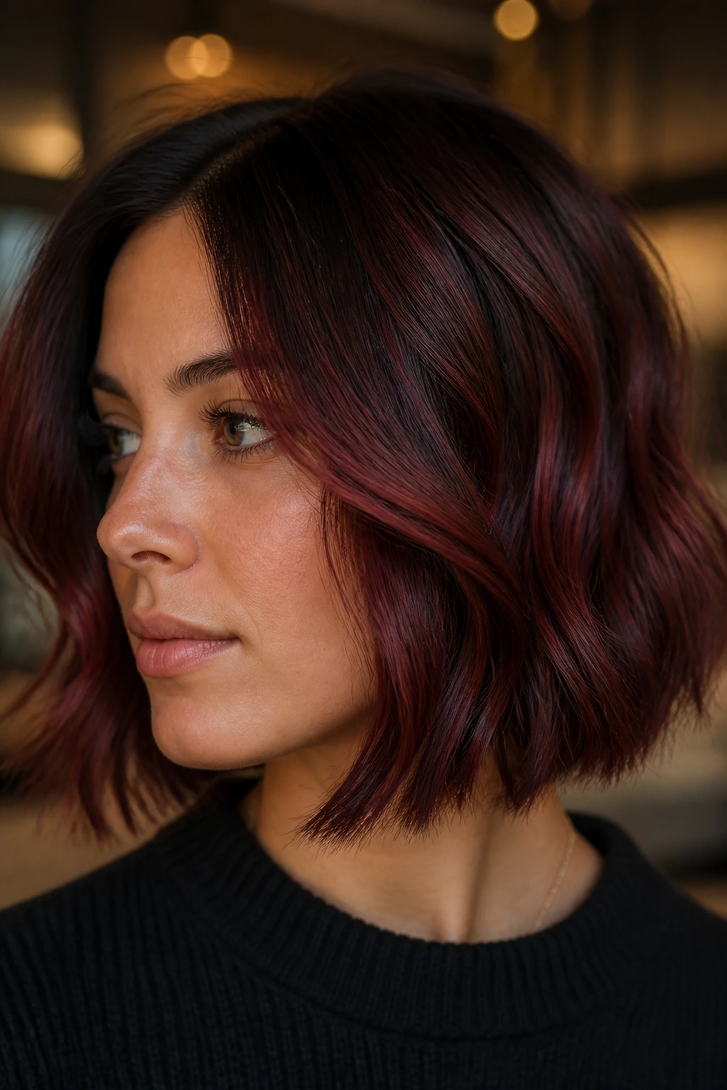 Close-up portrait of a real brunette woman with a cherry cola chin-length bob