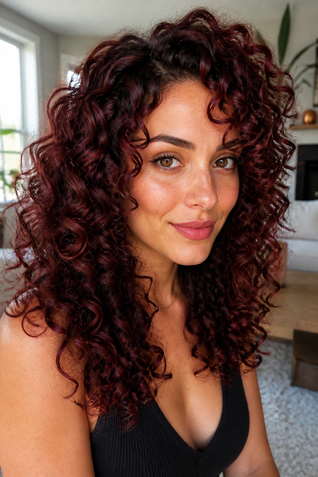 Cherry cola burgundy curls catching light on real woman