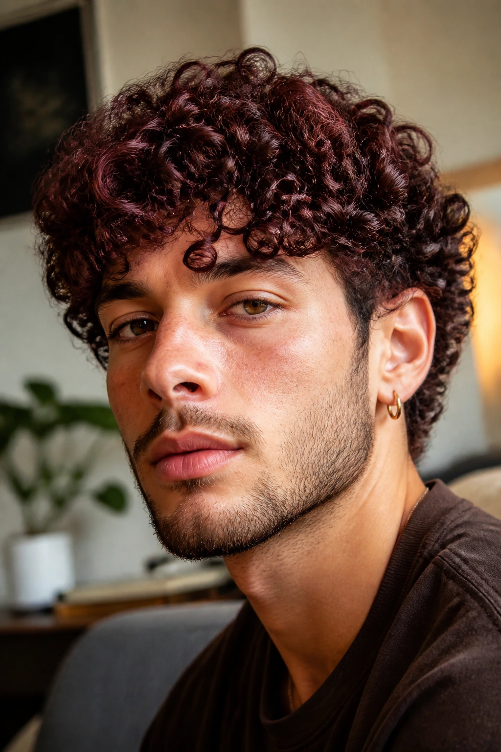 Close-up portrait of a person with cherry cola curls, hydrated and defined
