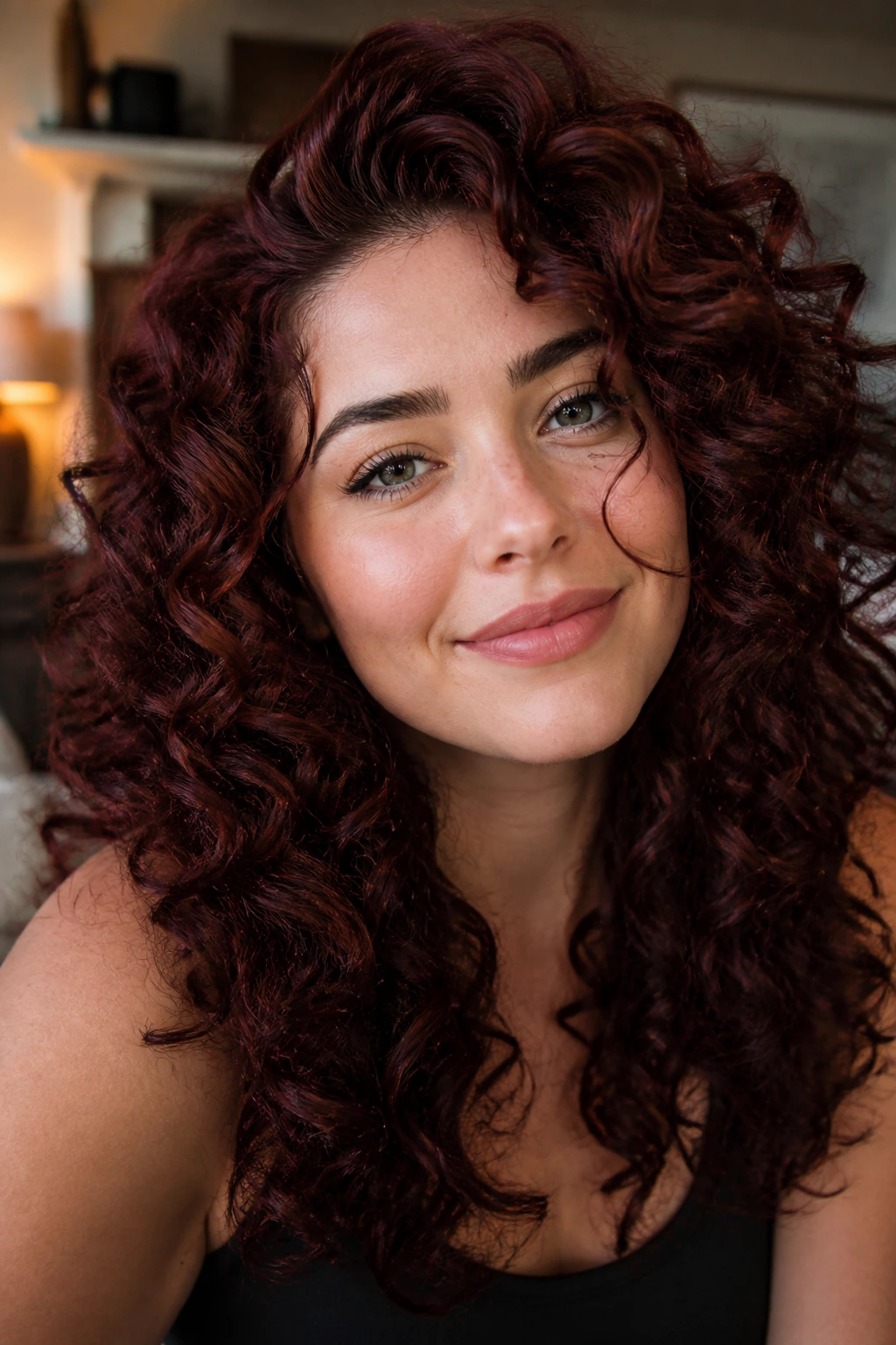 Close-up of a real woman with cherry cola curls under warm indoor light