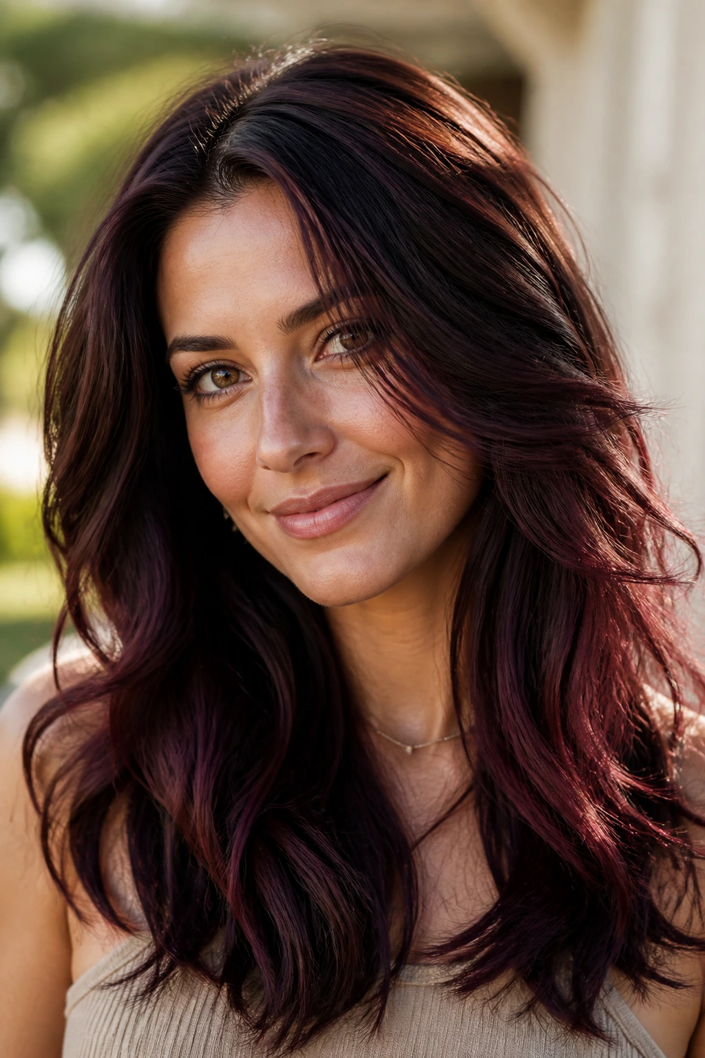 Portrait of a brunette with cherry cola dimension highlights