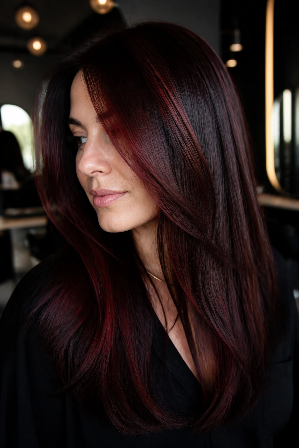 Close-up of hair with Cherry Cola Dimension red highlights