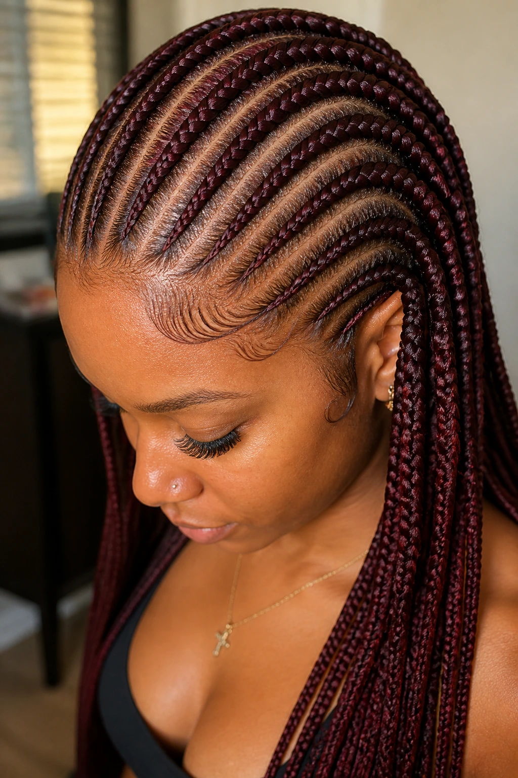 Close-up of a real person with cherry cola feed-in cornrows
