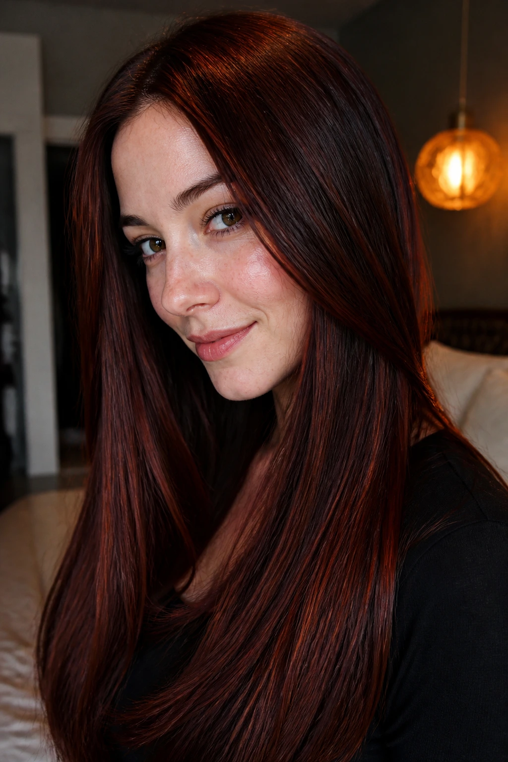 Close-up of real woman with cherry cola ginger long straight hair