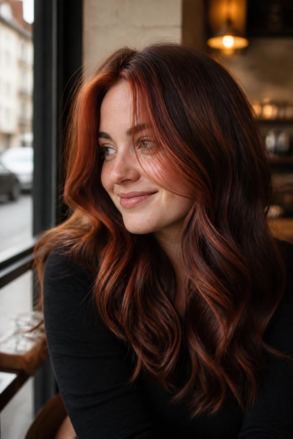 Close-up portrait of a real person with cherry cola ginger dimension hair