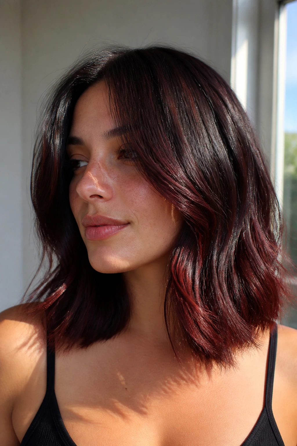 Cherry cola gloss on shoulder-length black hair