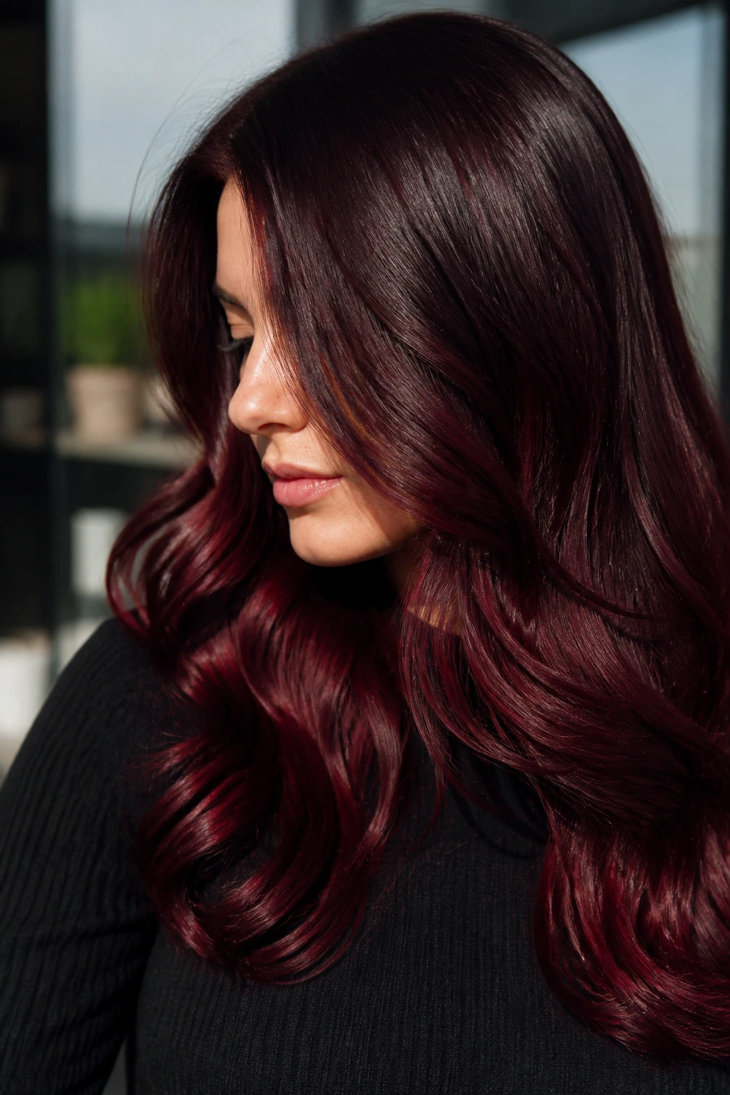 Cherry Cola gloss on deep brunette hair portrait