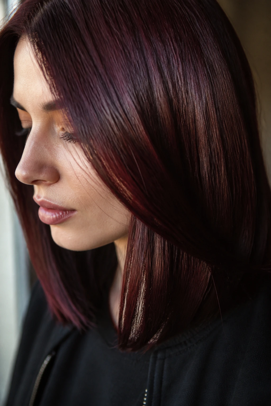 Portrait of a woman with cherry cola gloss hair