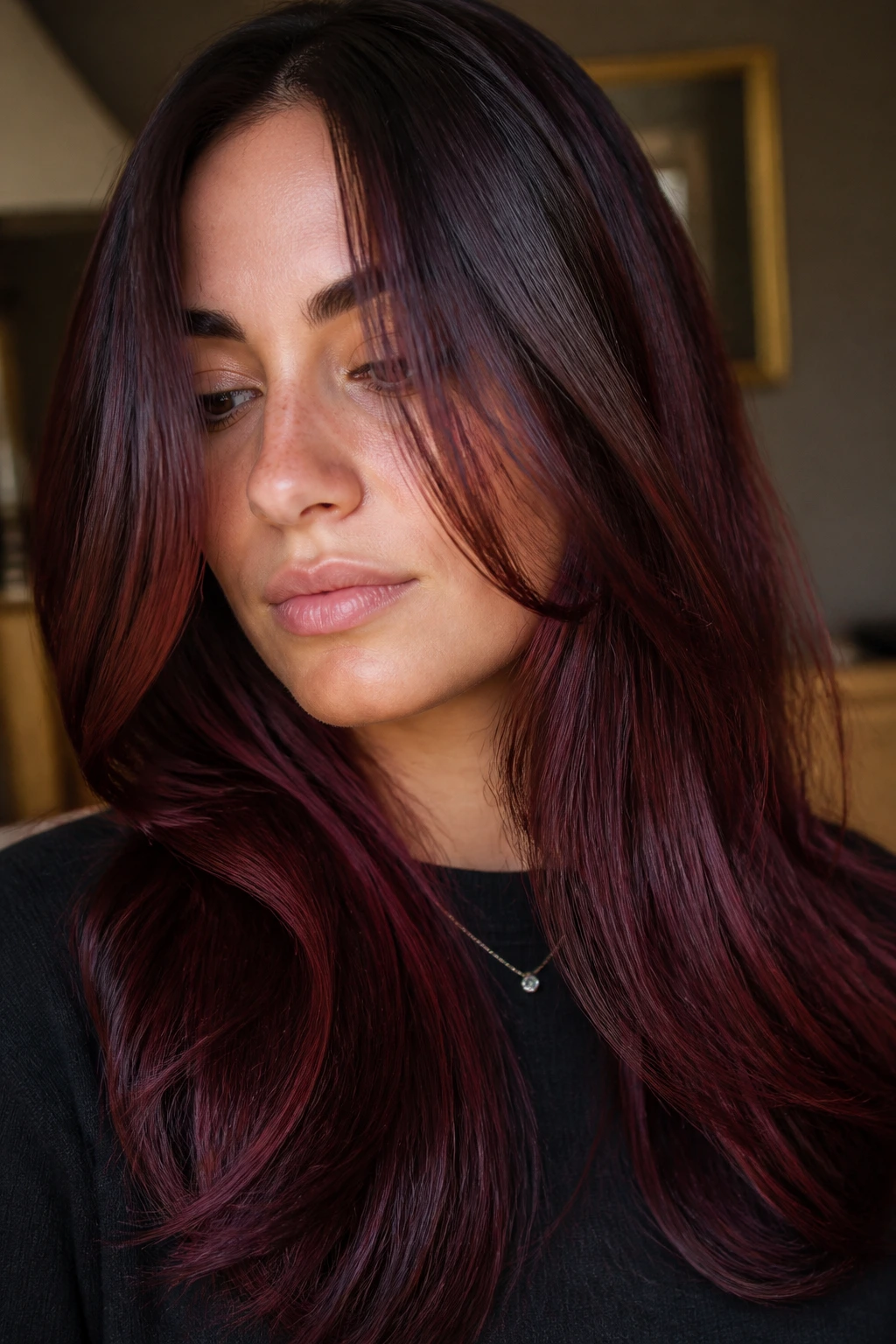 Brunette with cherry cola gloss and red-violet shine in warm light