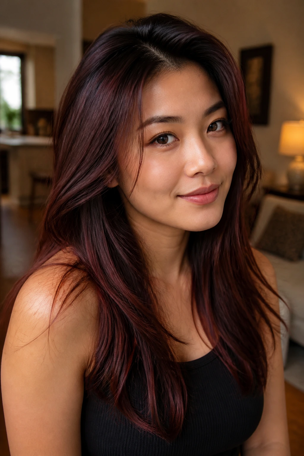 Woman with cherry cola shine hair under warm indoor light