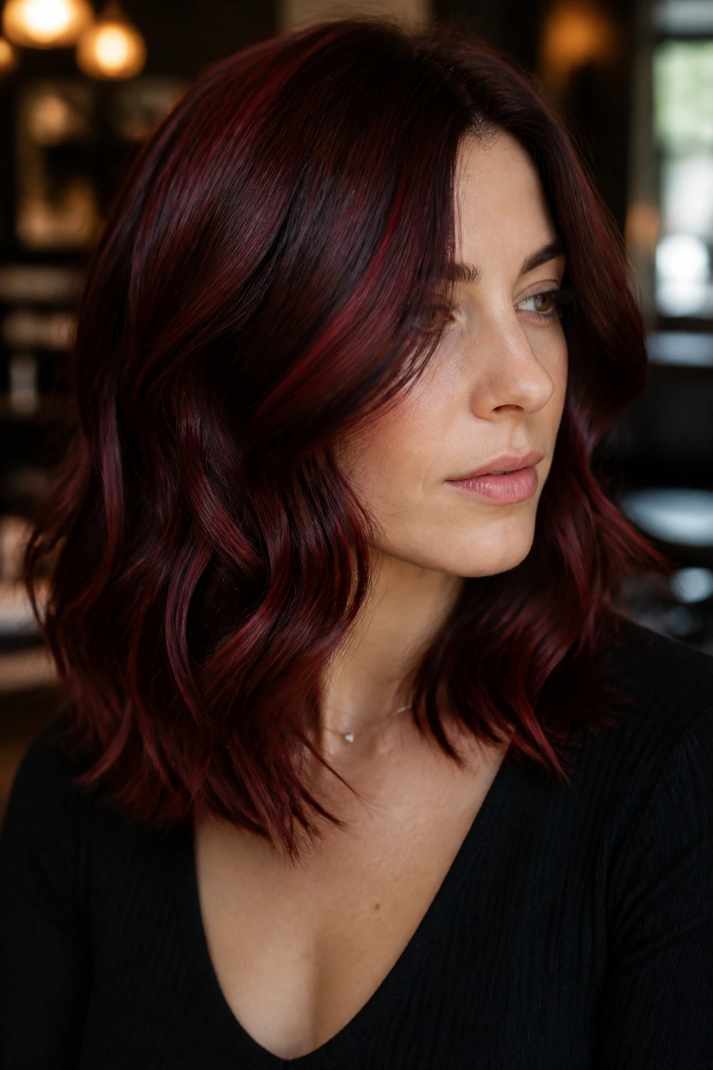 Close-up of brunette hair with cherry cola highlights in moody window light