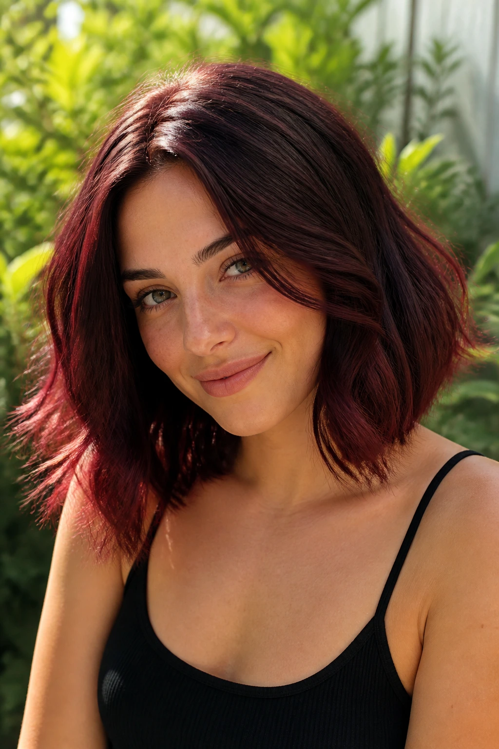 Close-up of a real person with a cherry cola lob in sunlight outdoors