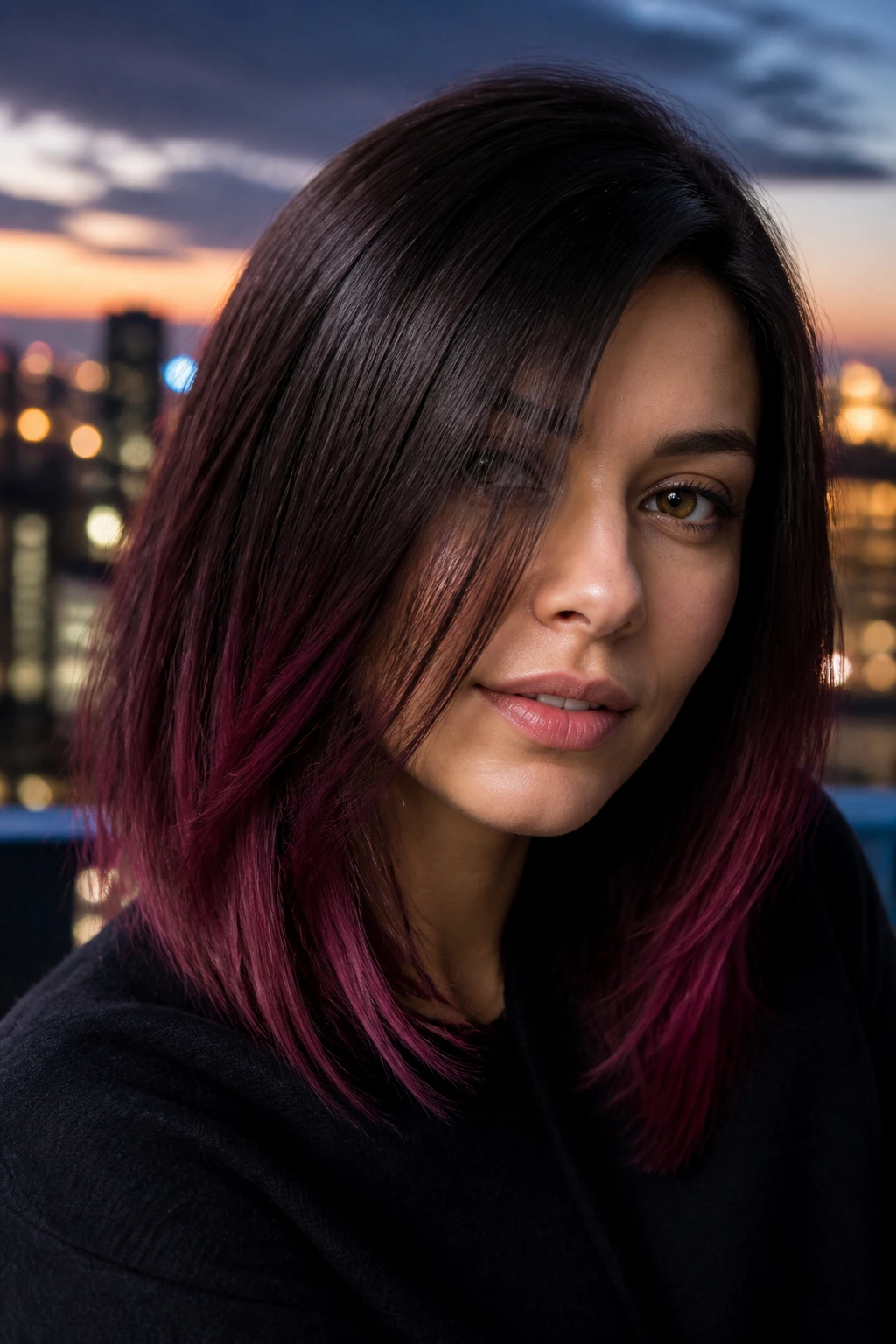 Portrait of a real woman with cherry cola ombre on a medium-length lob