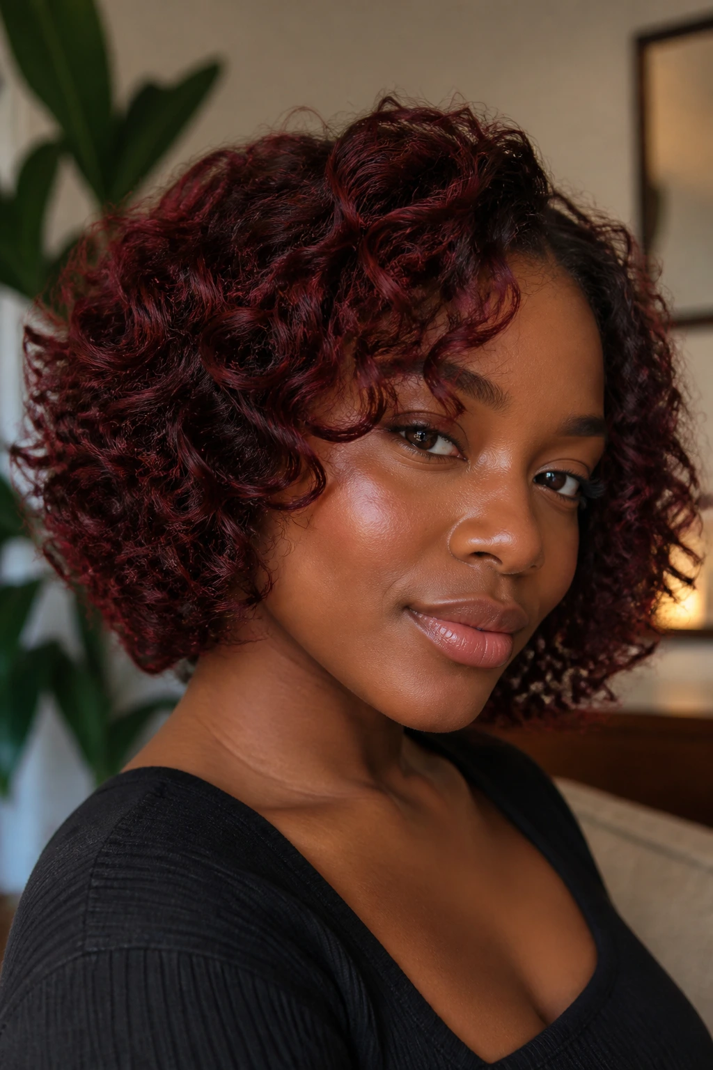 Close-up of a Black woman with a curly bob in cherry cola red.