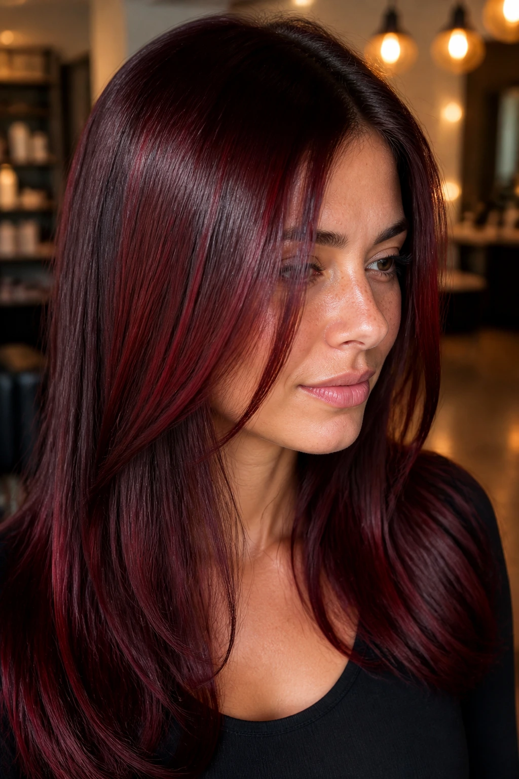 Real woman with deep brunette base and cherry cola red highlights, glossy hair