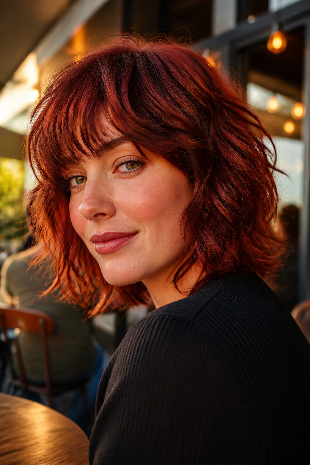 Portrait of real woman with cherry cola red hair in a loose bend