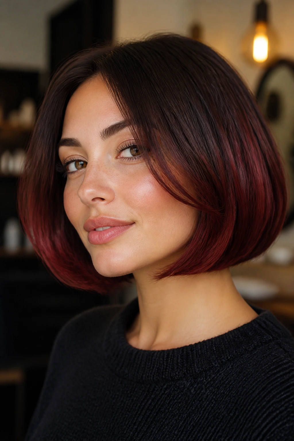 Close-up of a rounded bob with cherry cola red ends under warm indoor light