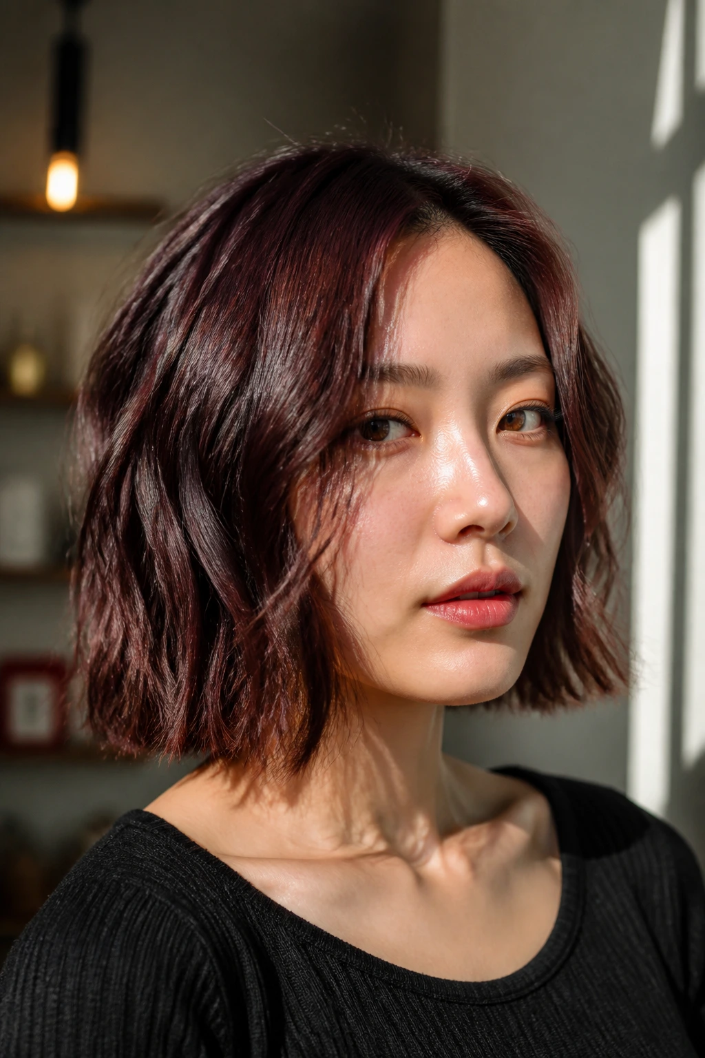 Close-up of a real woman with textured lob showing cherry cola shine in warm indoor light
