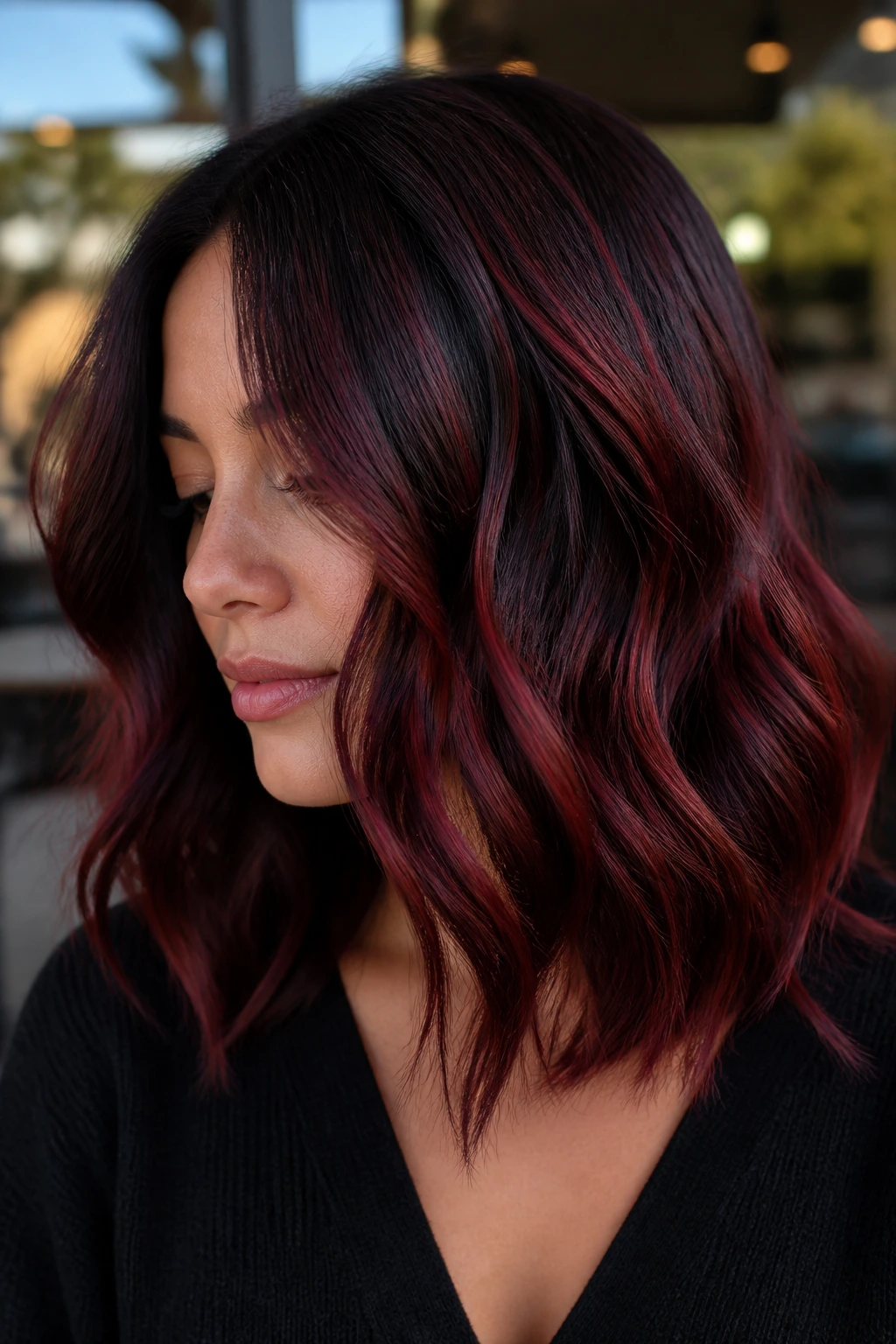 Close-up of a real person with medium-length hair in cherry cola color with red wine and cherry highlights.