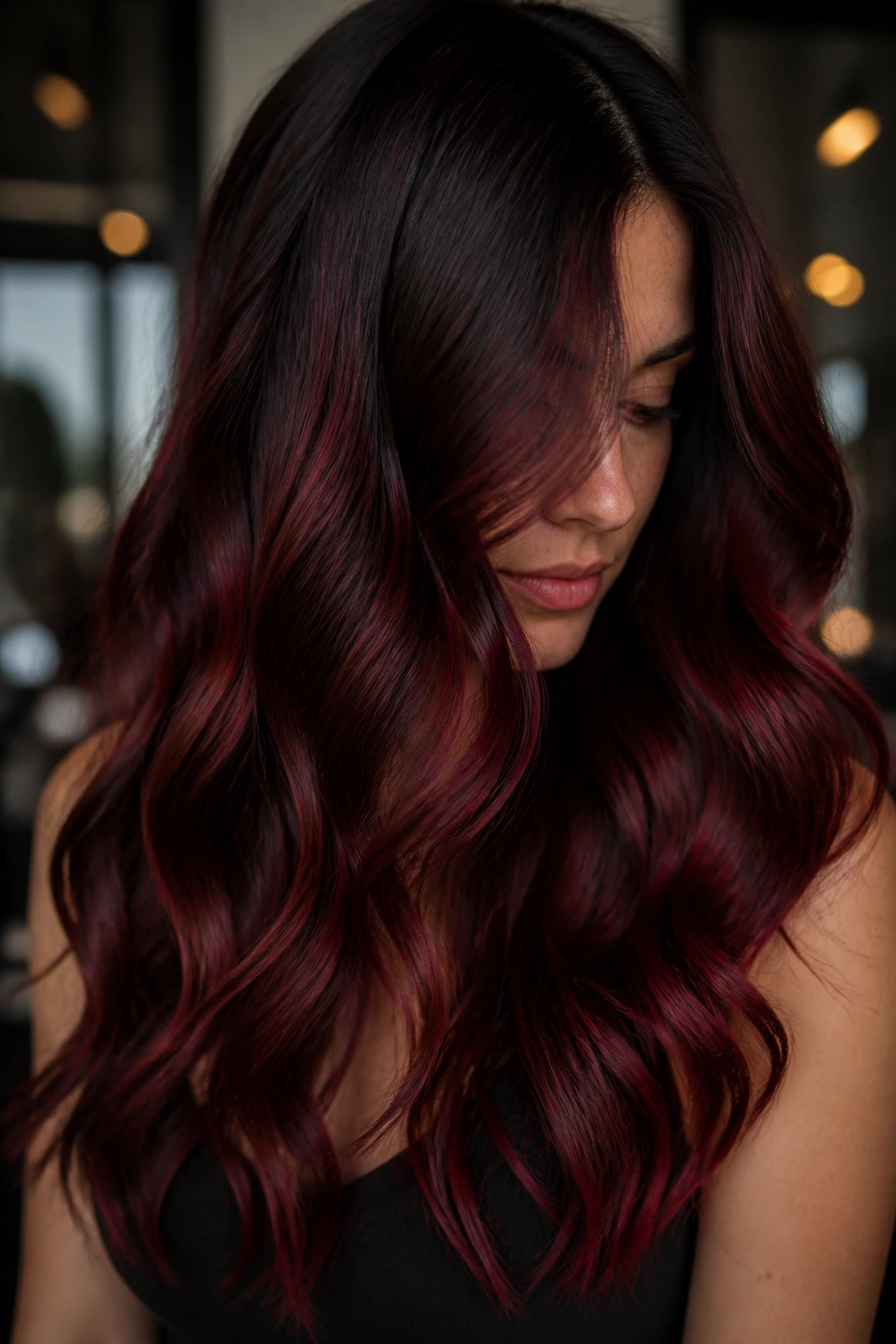 Close-up of long wavy hair with deep base and cherry burgundy overlays