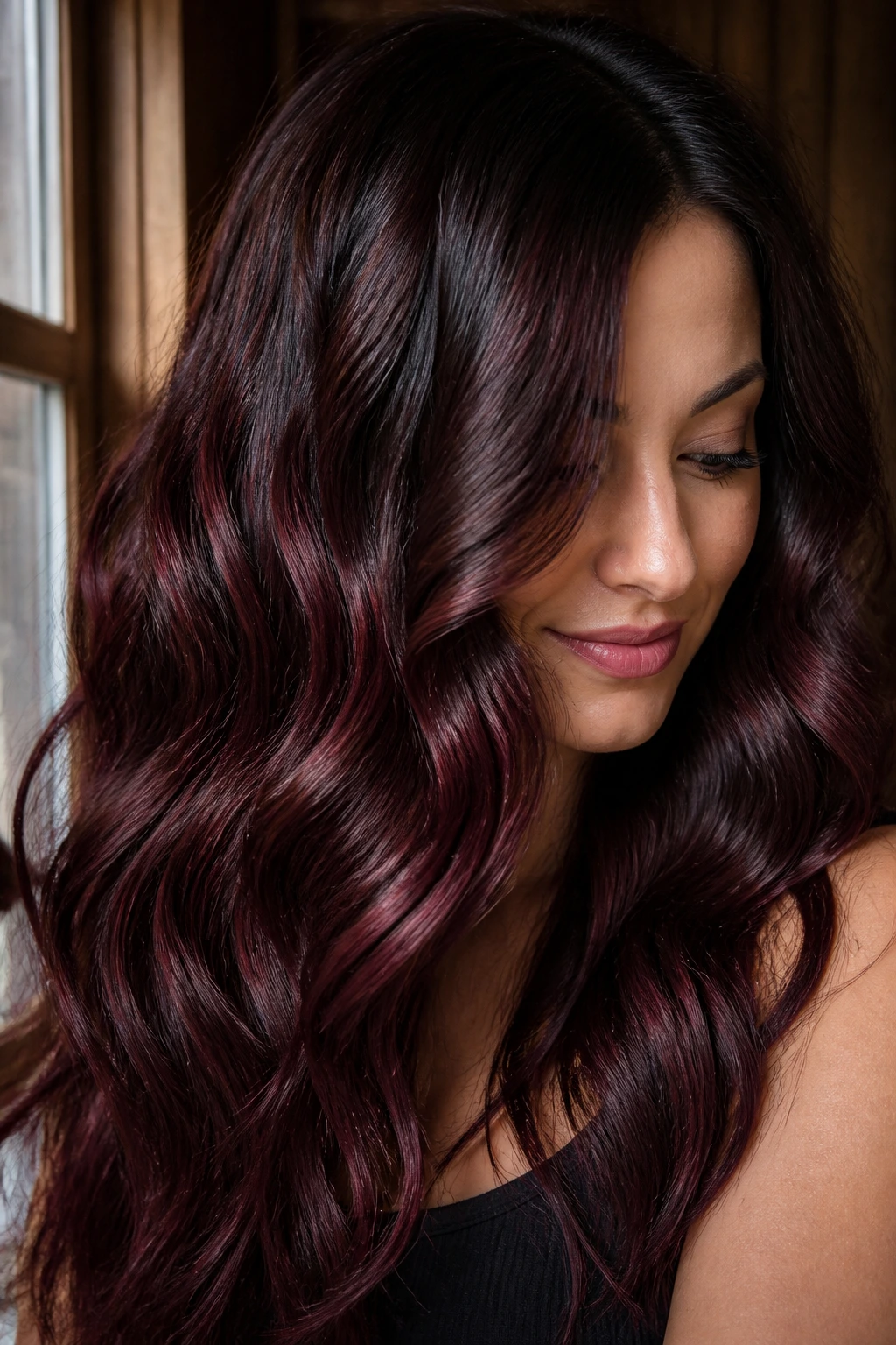 Real person with cherry cola burgundy wavy hair.