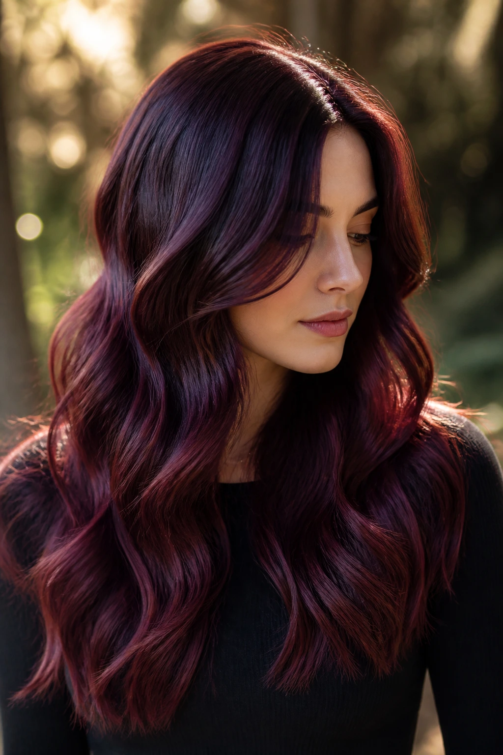Real woman with long waves in cherry cola shade