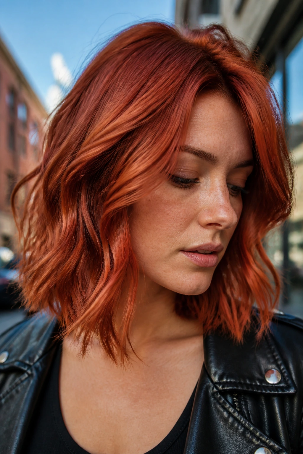 Portrait of a real person with cherry copper on a textured lob