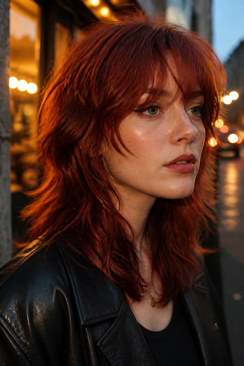 Close-up portrait of a real person with cherry copper wolf cut