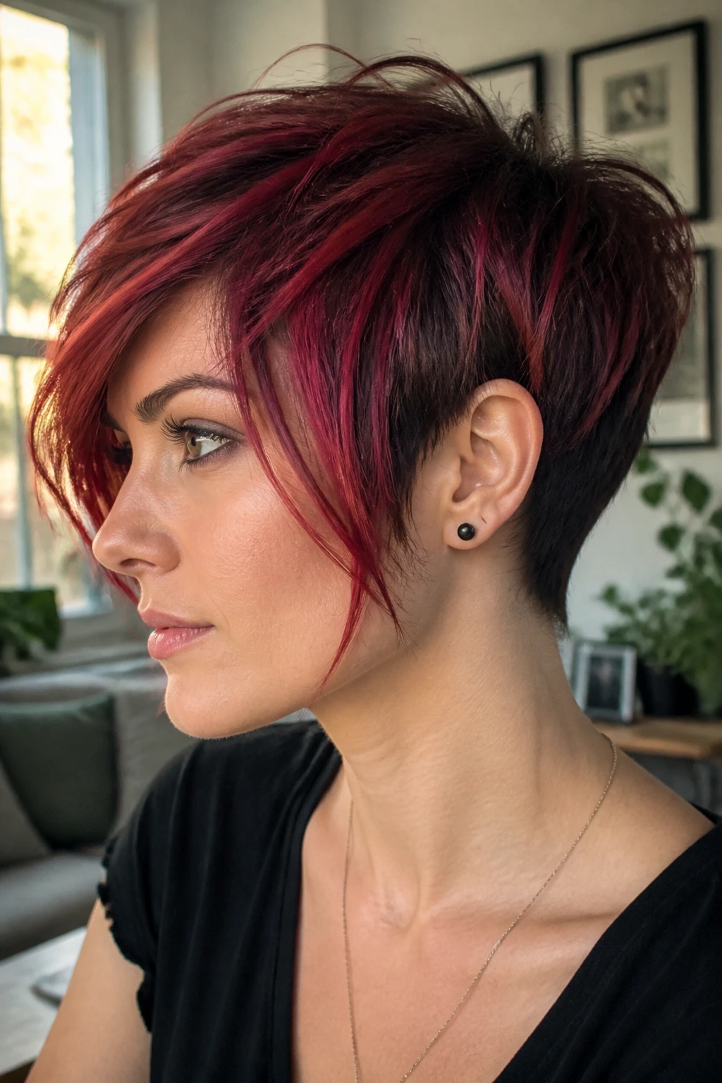 Portrait of a real person with cherry embers pixie-bob showing depth and motion in the red color.