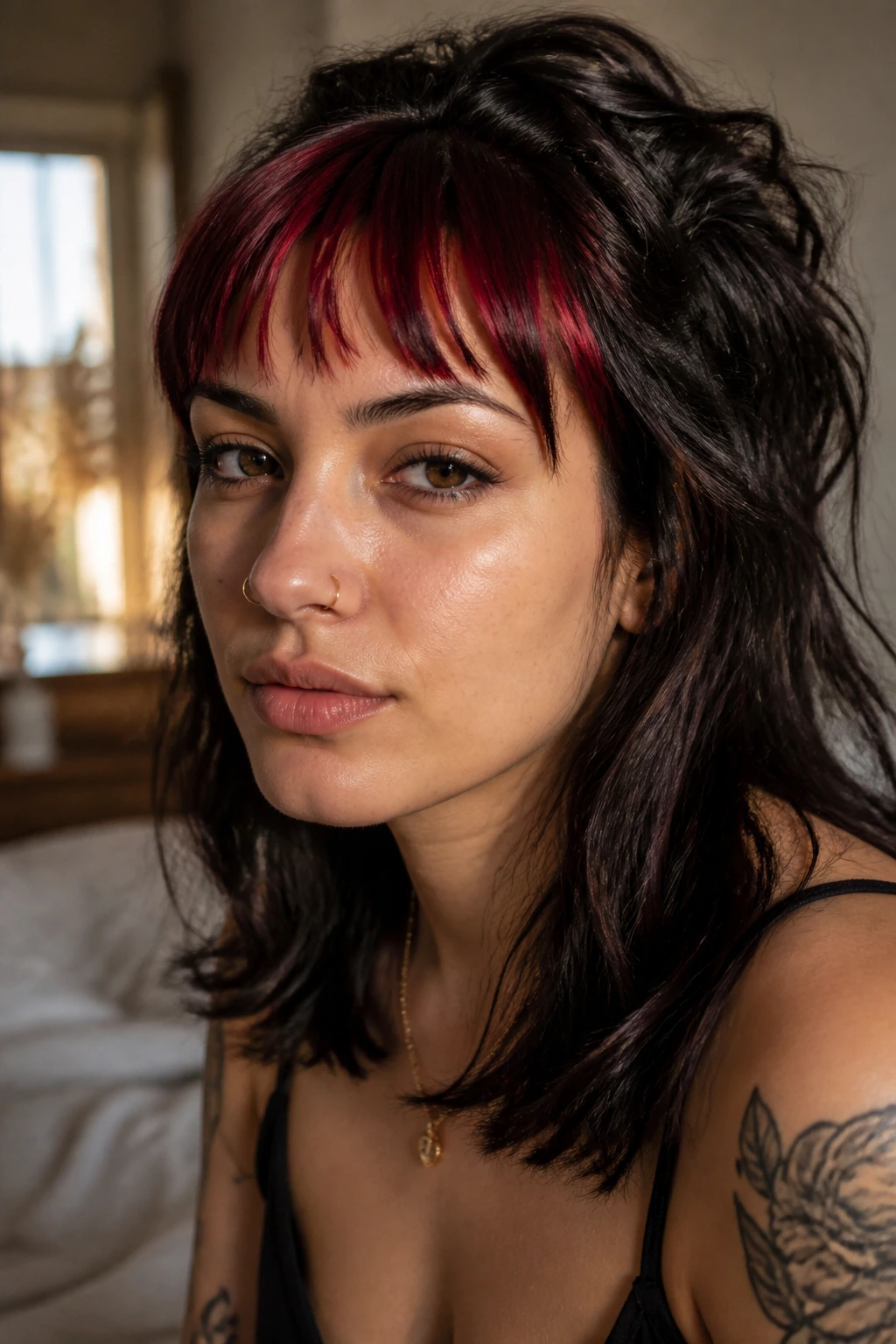 Close-up portrait of a real woman with a cherry-red fringe front, dark hair framing her face