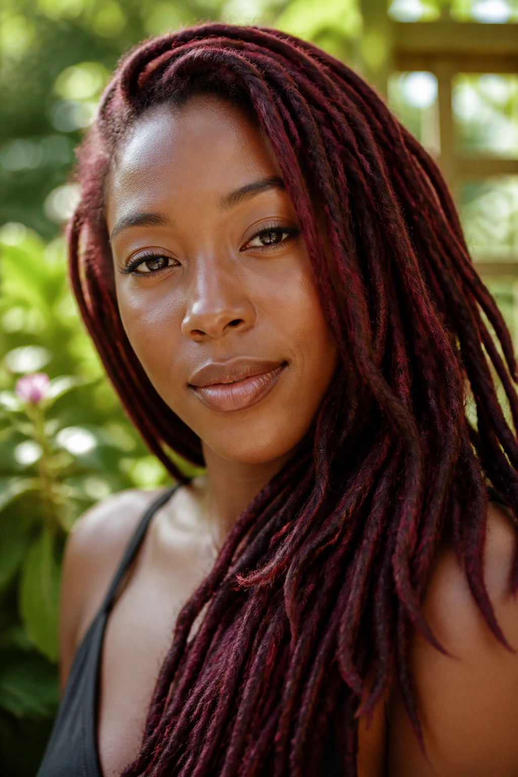 Close-up of a woman with cherry mahogany locs in natural light