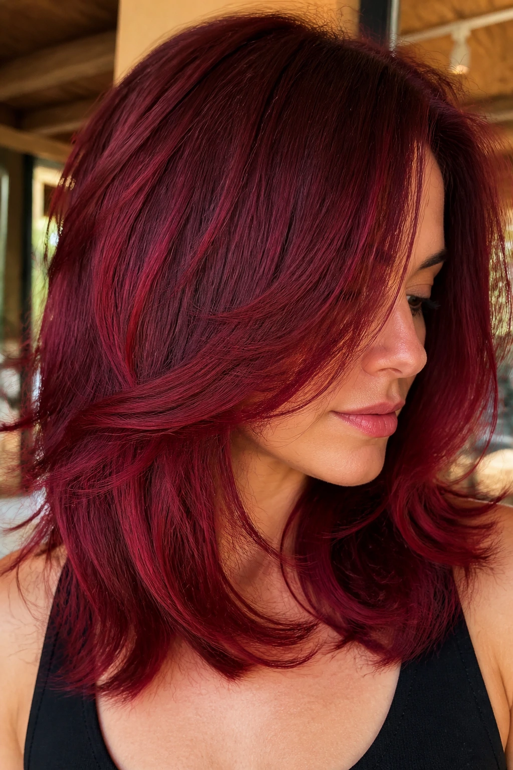 Close-up of a real woman with cherry red sliced-layers hairstyle in a sunlit salon