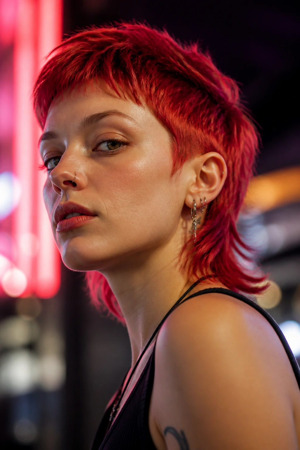 Close-up portrait of a real person with a cherry red micro mullet hairstyle