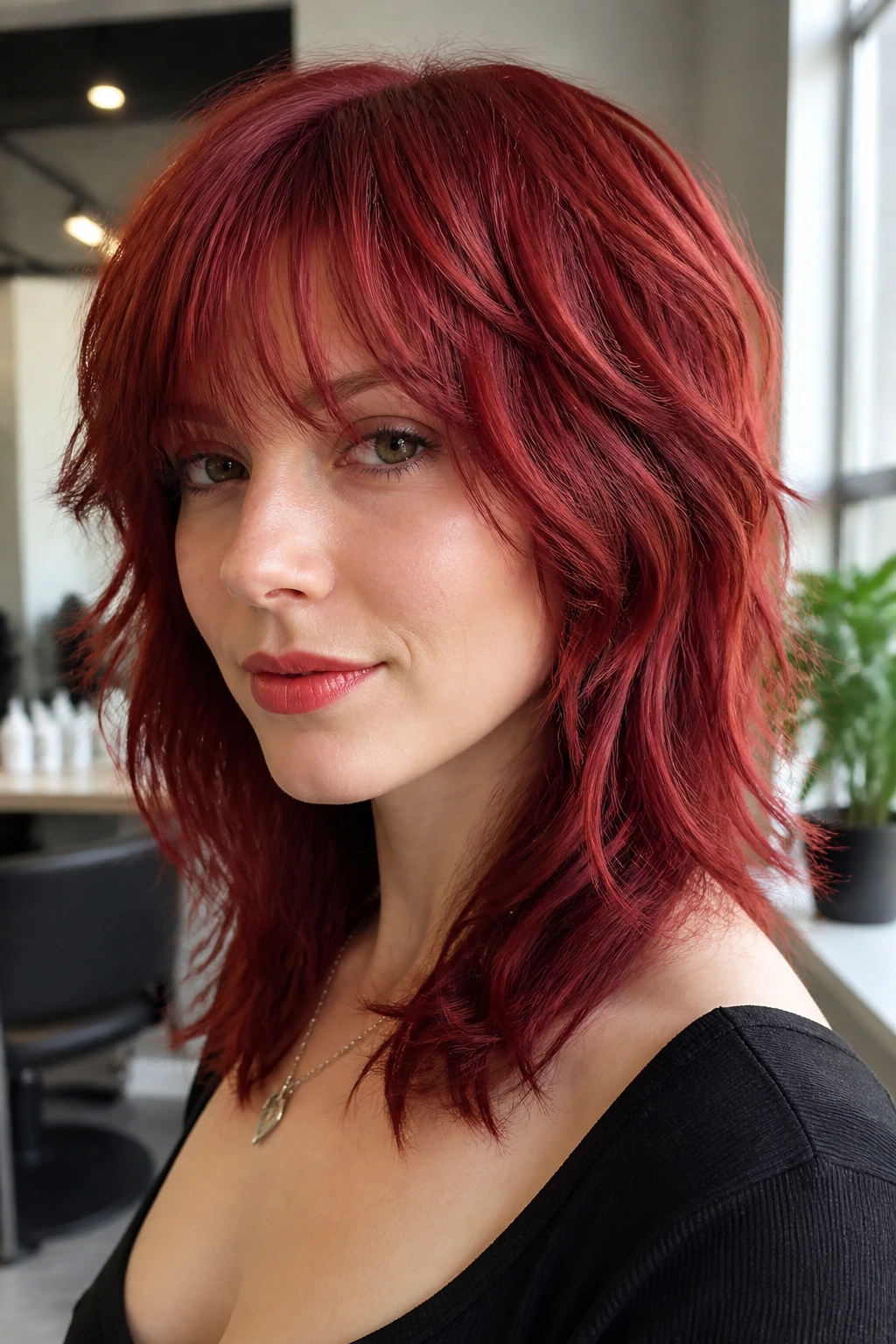Close-up portrait of a real woman with cherry red razor-cut shag and feathered ends