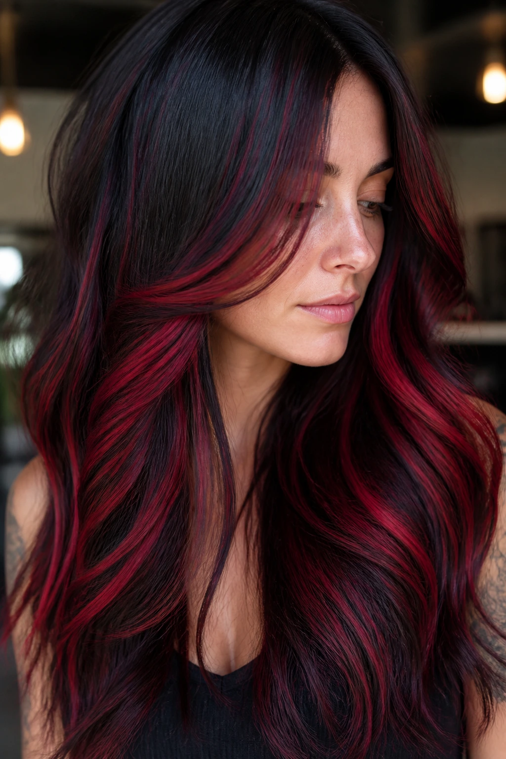 Long hair with cherry red streaks through mids and ends
