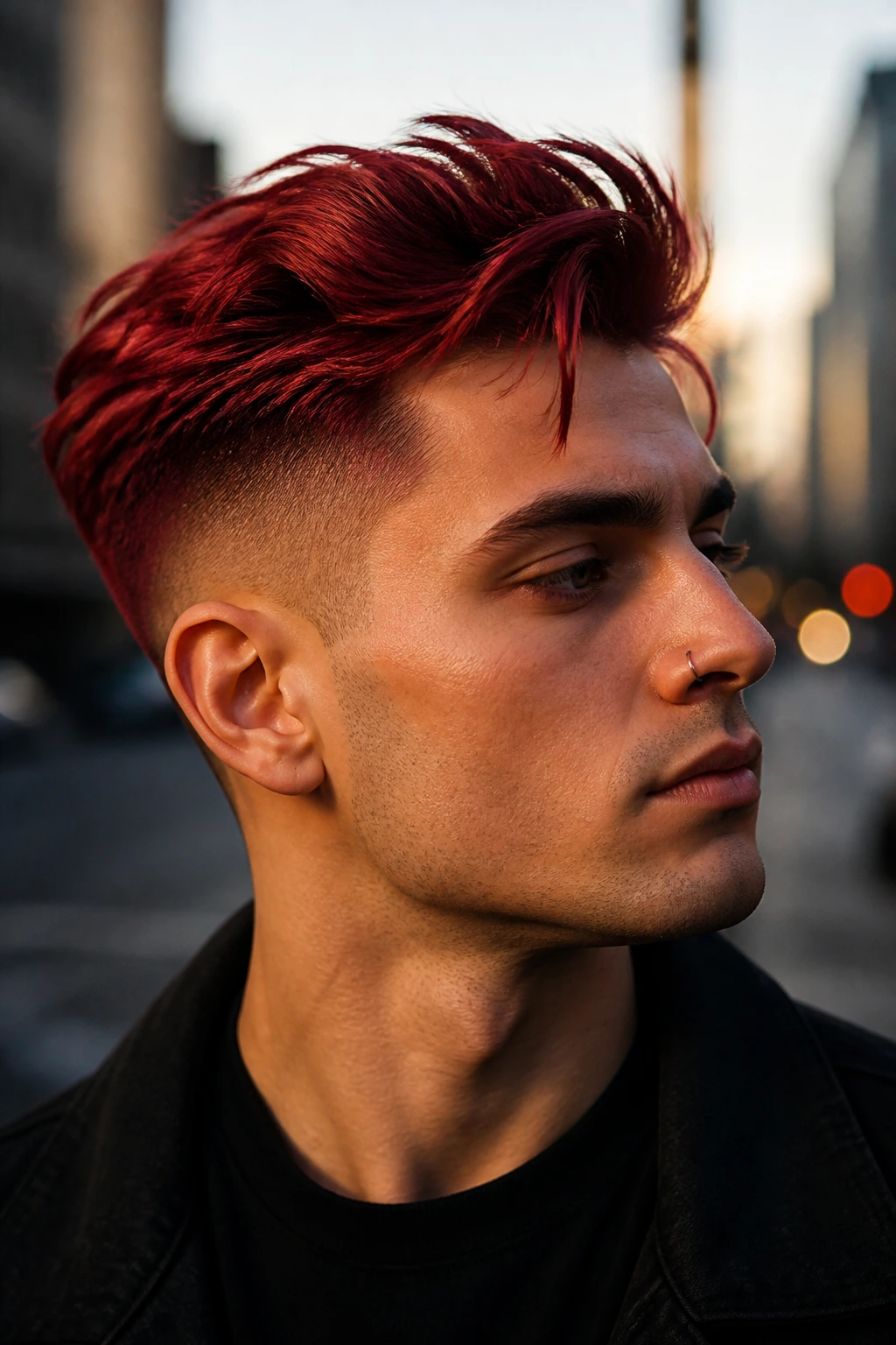 Man with cherry red undercut in urban evening light