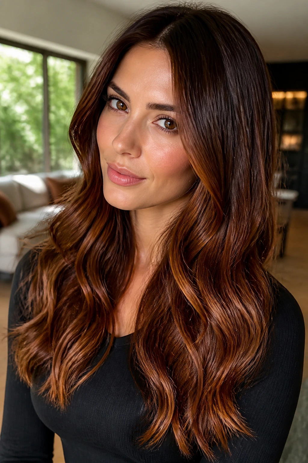 Close-up of brunette with chestnut amber gloss and high shine