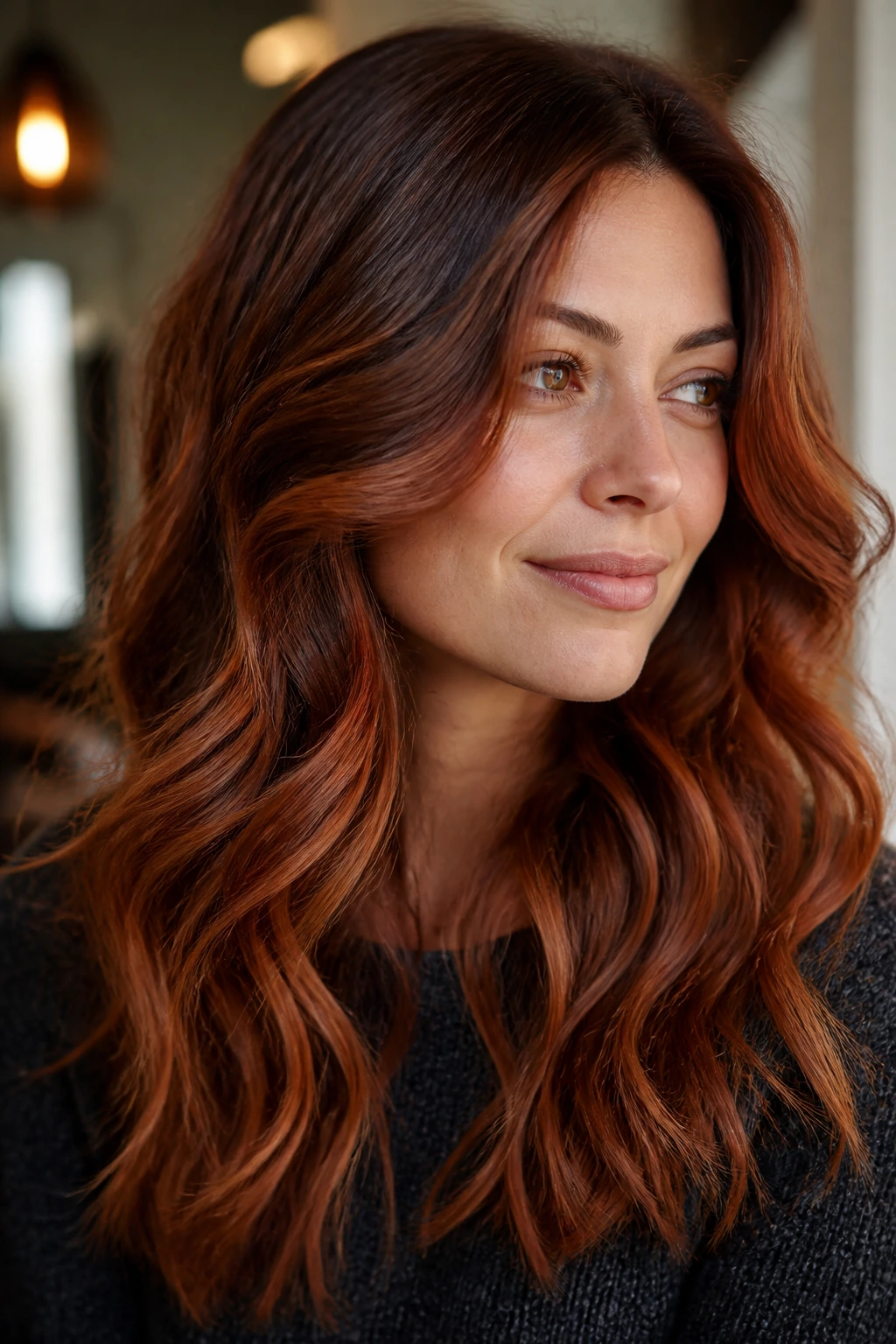 Close-up of a real woman with chestnut-to-auburn balayage on wavy hair