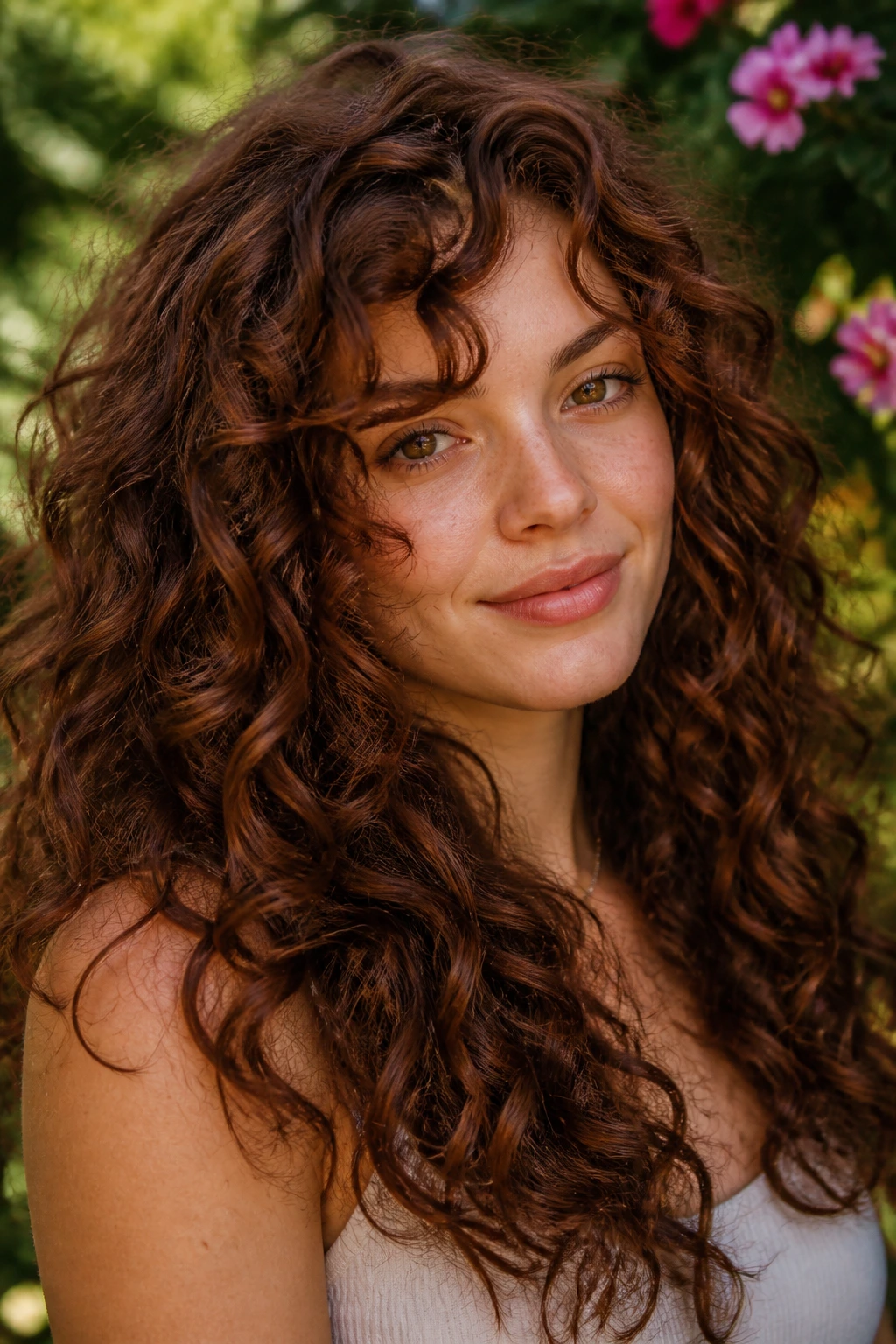 Real woman with chestnut auburn curls showing defined ringlets