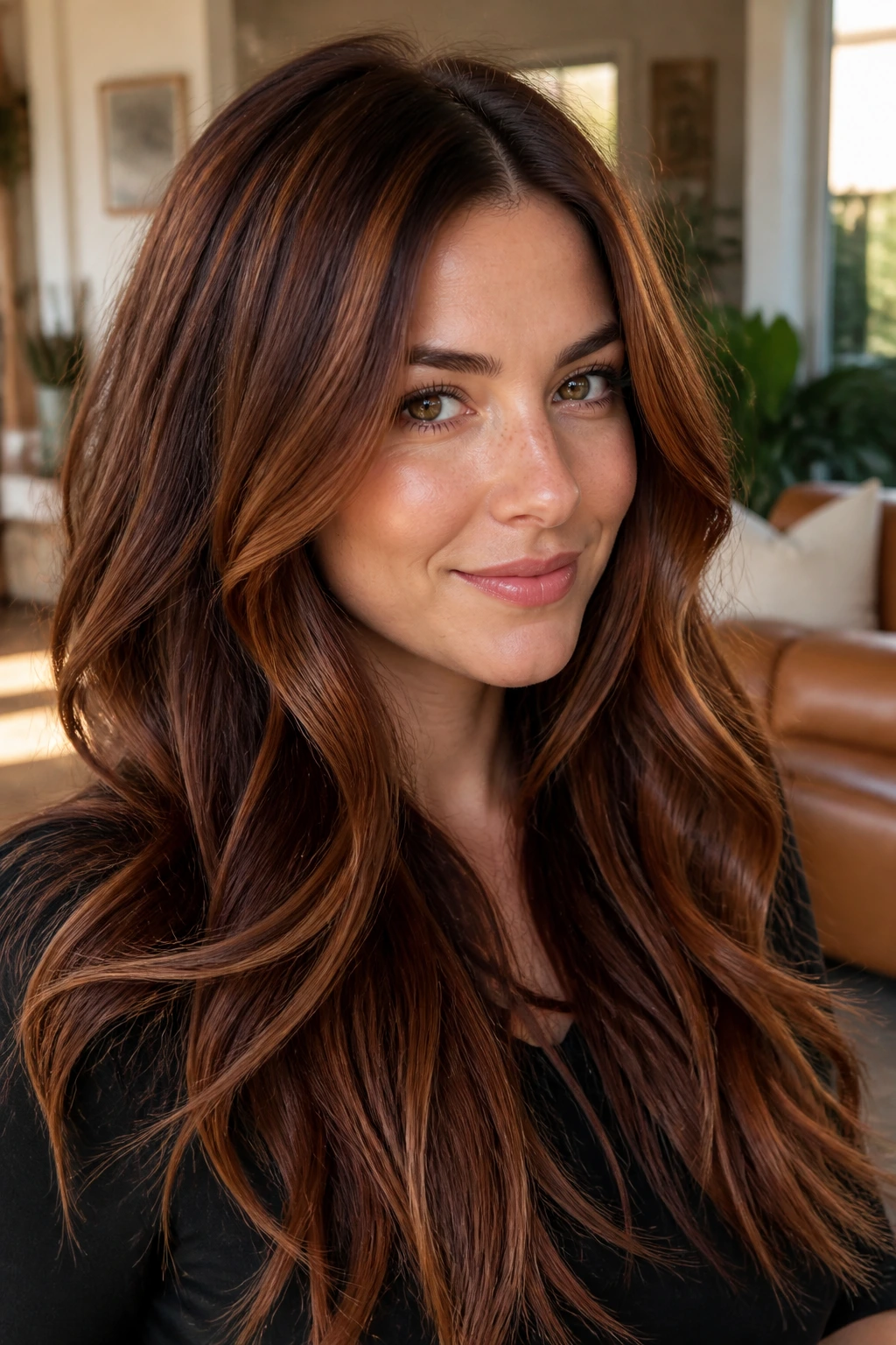 Portrait of a woman with chestnut base and auburn highlights around the face