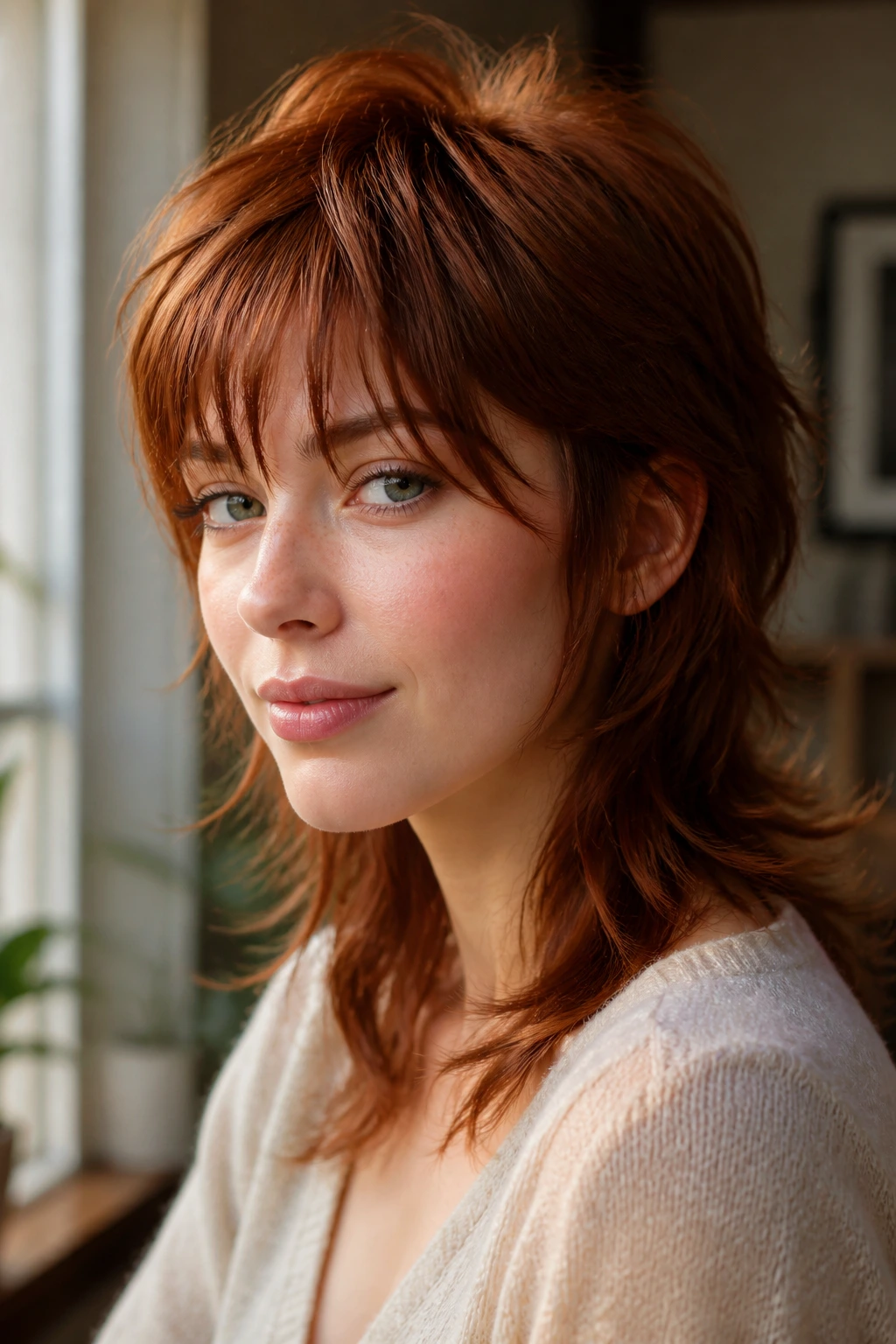 Close-up of a real person with chestnut auburn soft-layer mullet