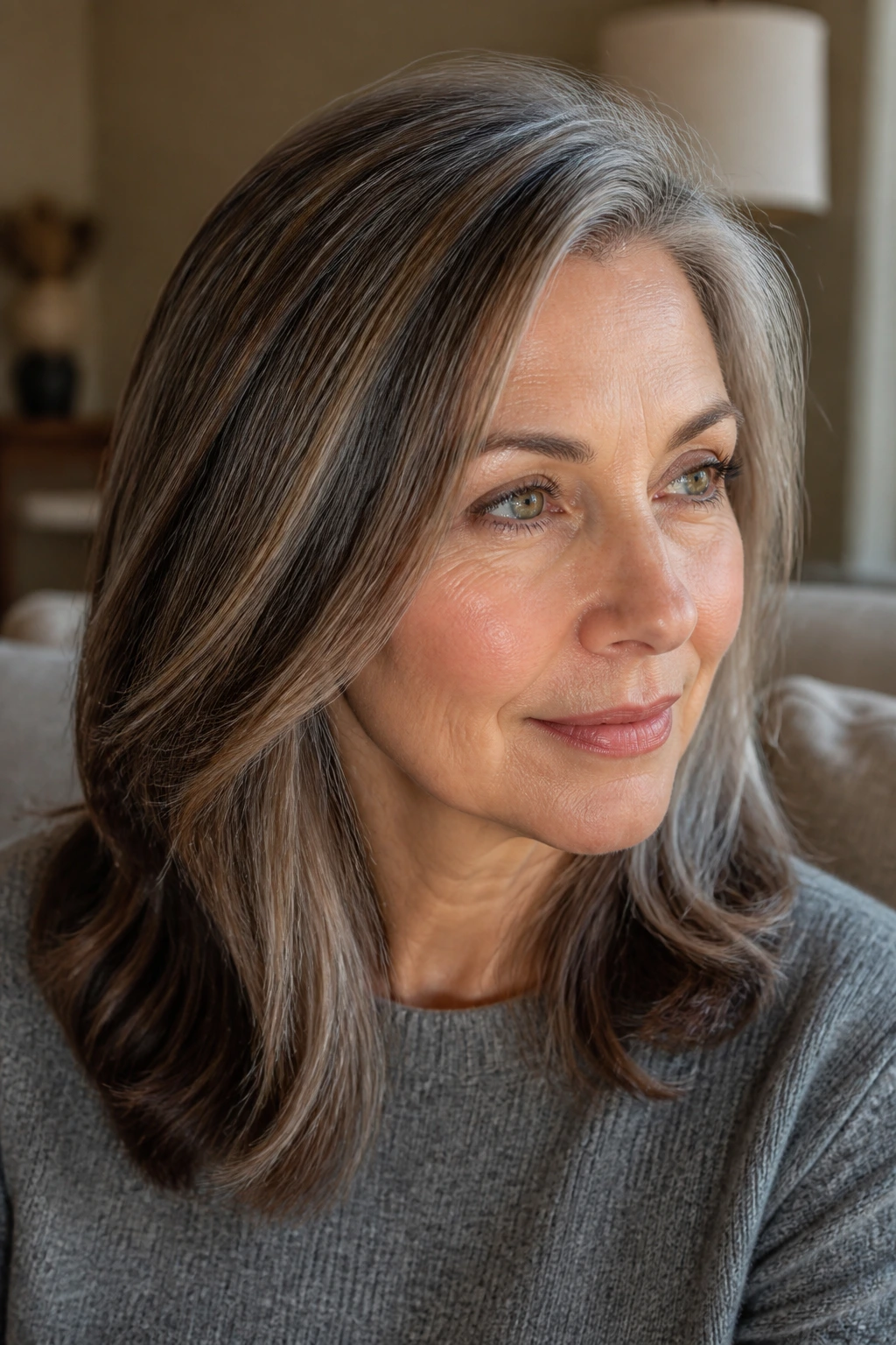 Close-up of an older woman's hair showing chestnut brown babylights blending with gray.
