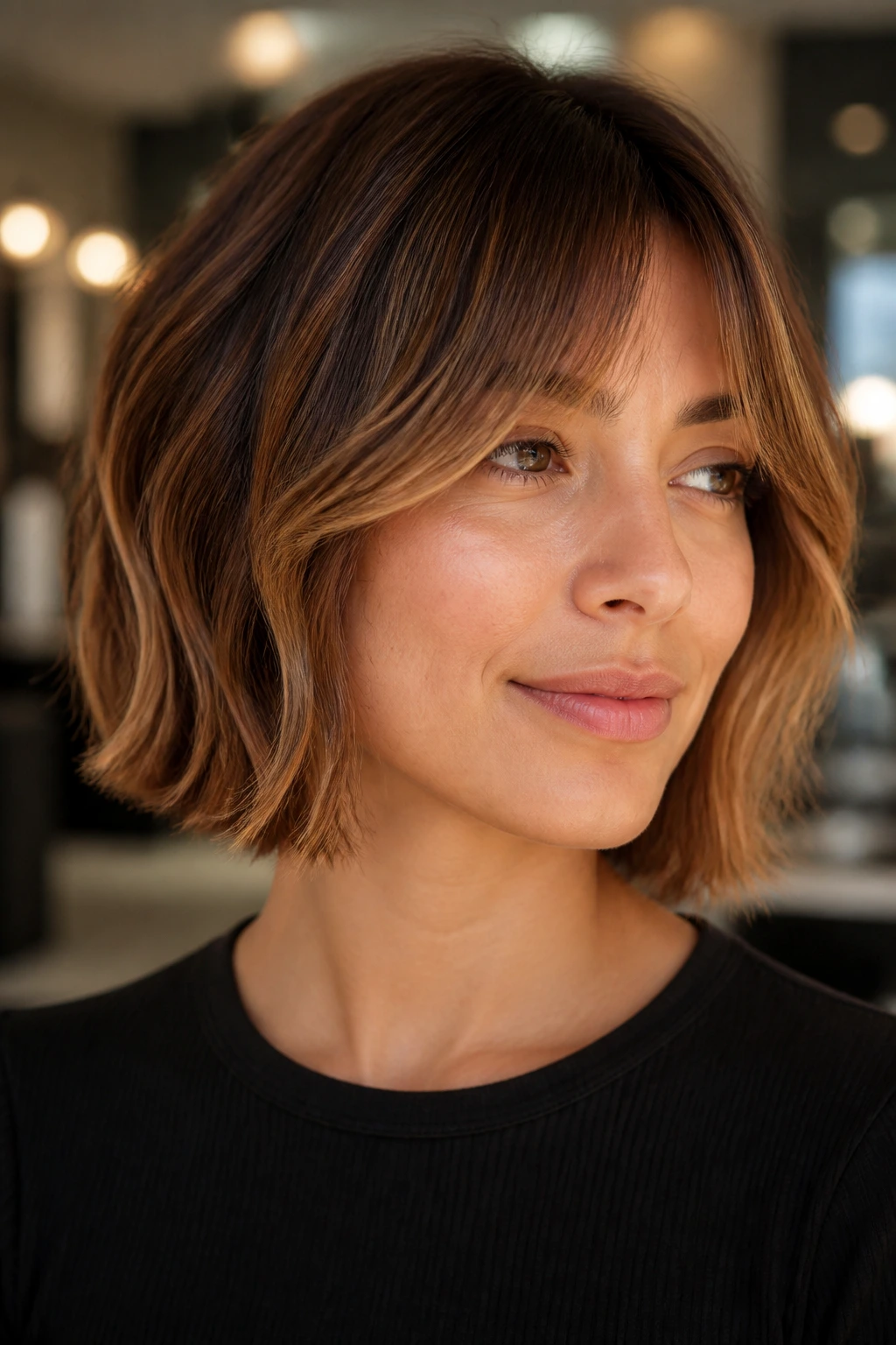 Close-up of a real woman with chestnut balayage on a bob with curtain bangs in warm indoor light