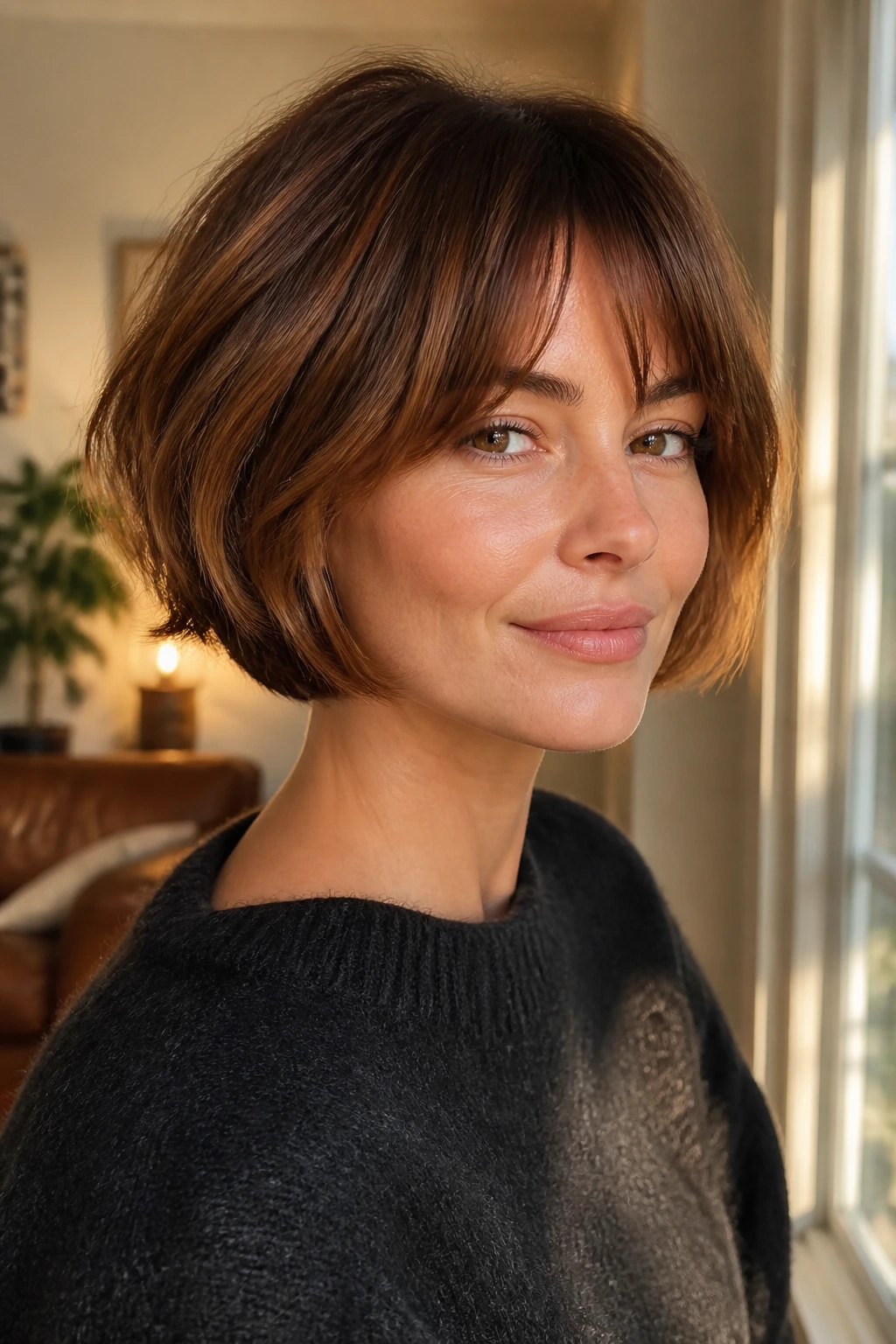 Portrait of a real woman with chestnut balayage French bob