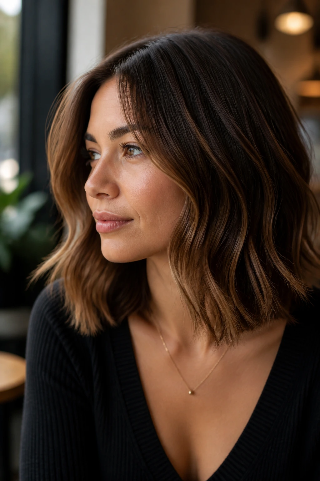 Portrait of a real woman with Warm Chestnut Balayage Lob hairstyle