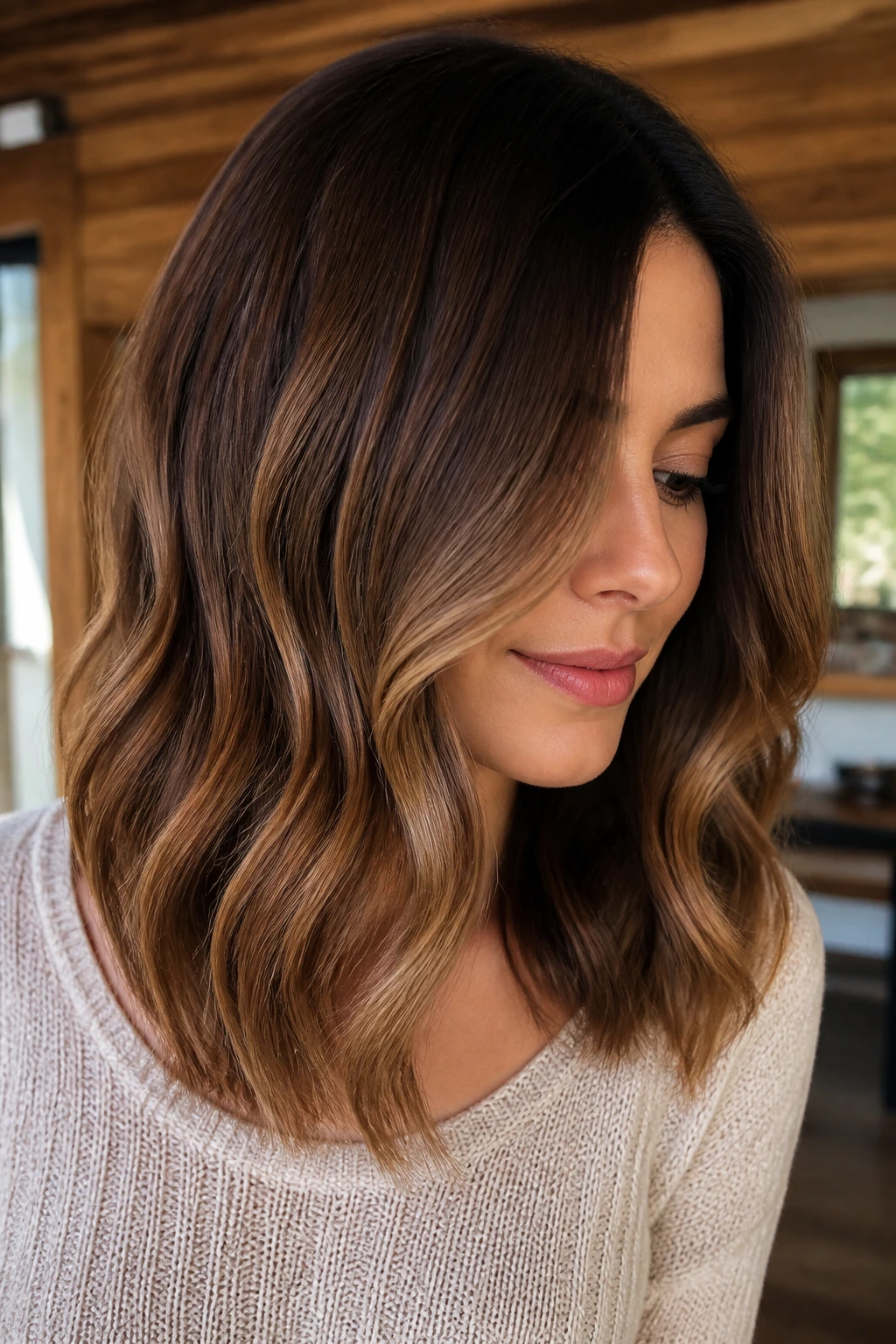 Real woman with chestnut balayage on midlength hair and soft root shadow.