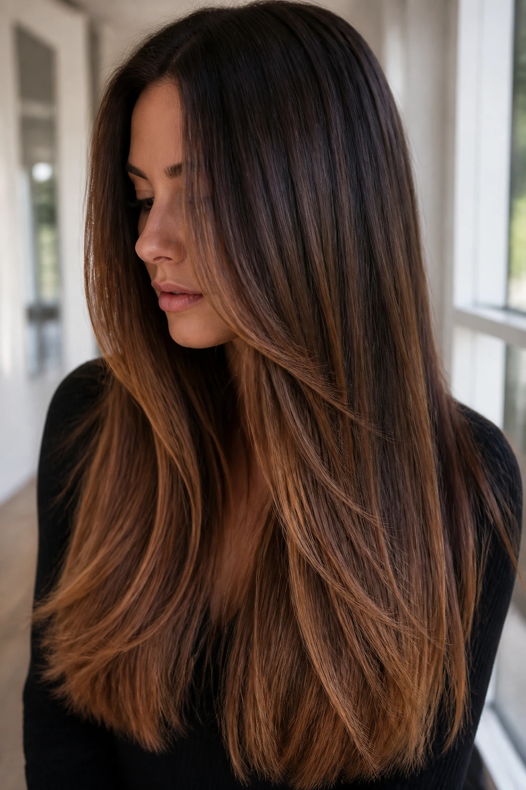 Close-up of long straight hair with chestnut balayage