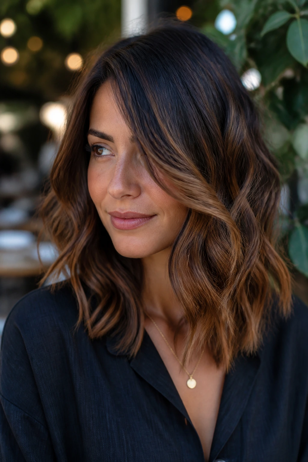 Portrait of a real woman with chestnut balayage waves on shoulder-length hair