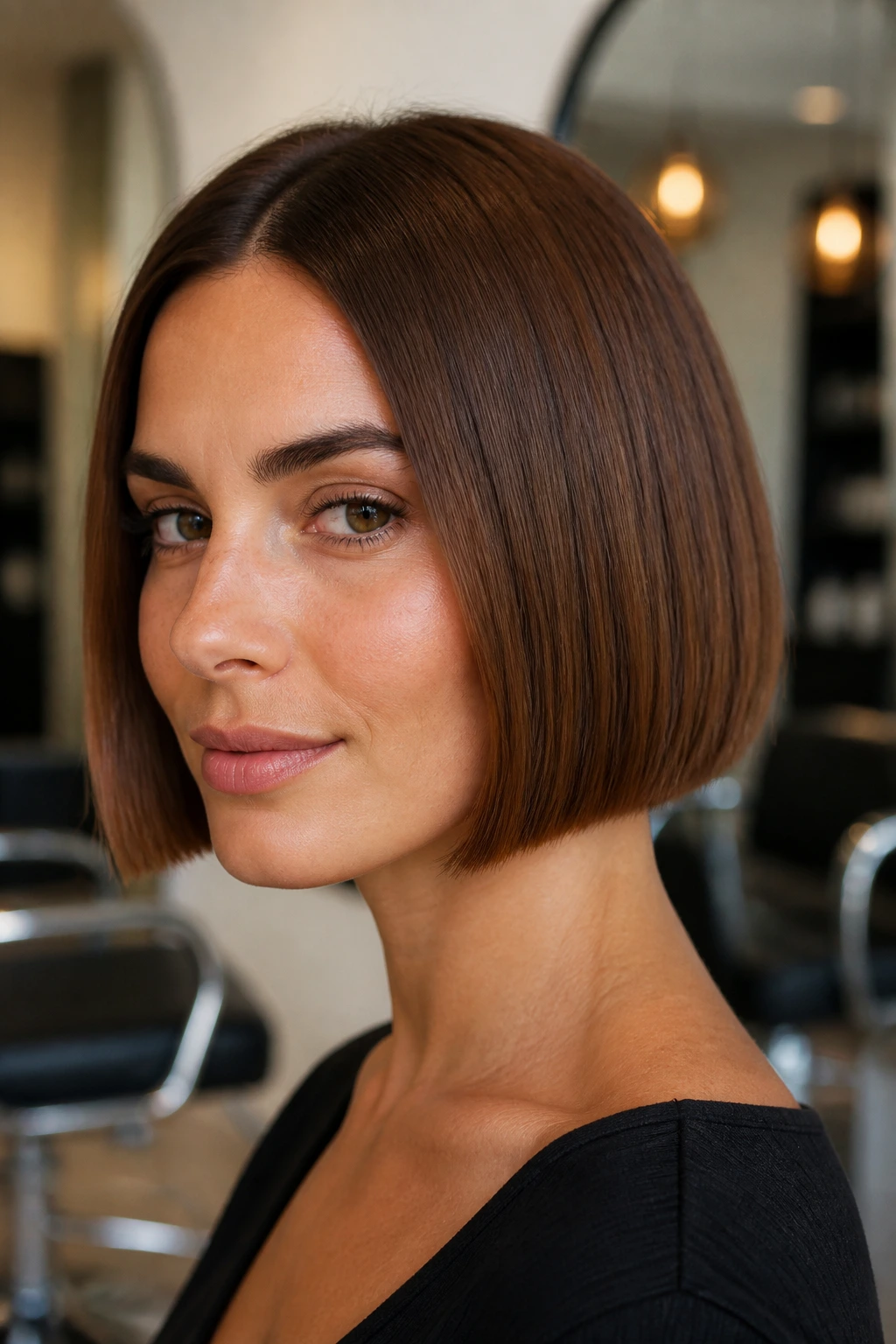 Portrait of a real woman with a chestnut blunt bob at jaw length.
